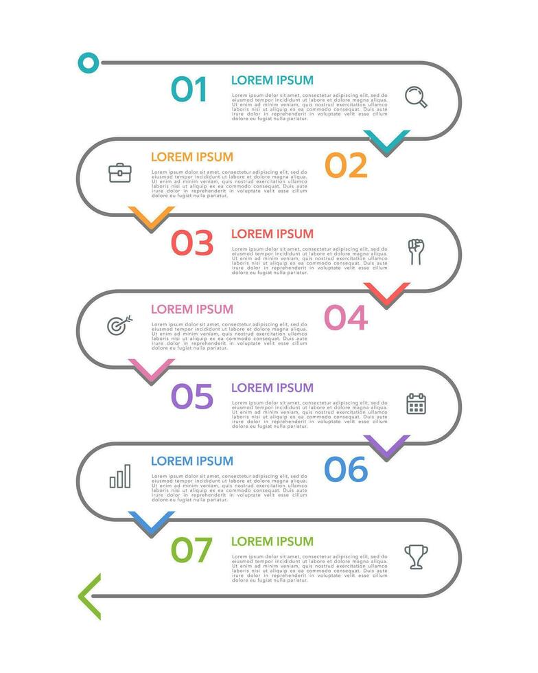 verticale infographie chronologie sept pas à succès. infographie mince doubler. jalon, feuille de route, calendrier. vecteur illustration.