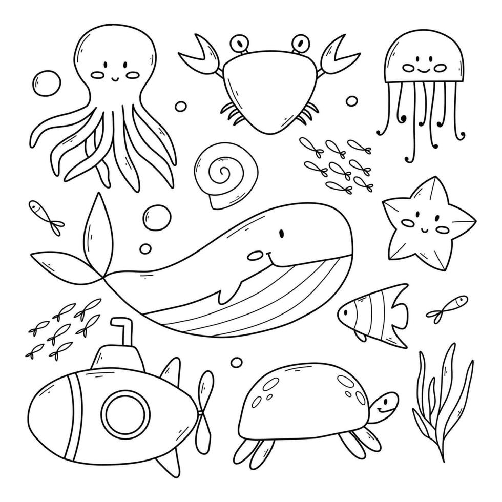 ensemble de mer animaux dans griffonnage style. vecteur illustration. collection de Marin habitants. linéaire crabe, pieuvre, méduse, baleine, poisson.