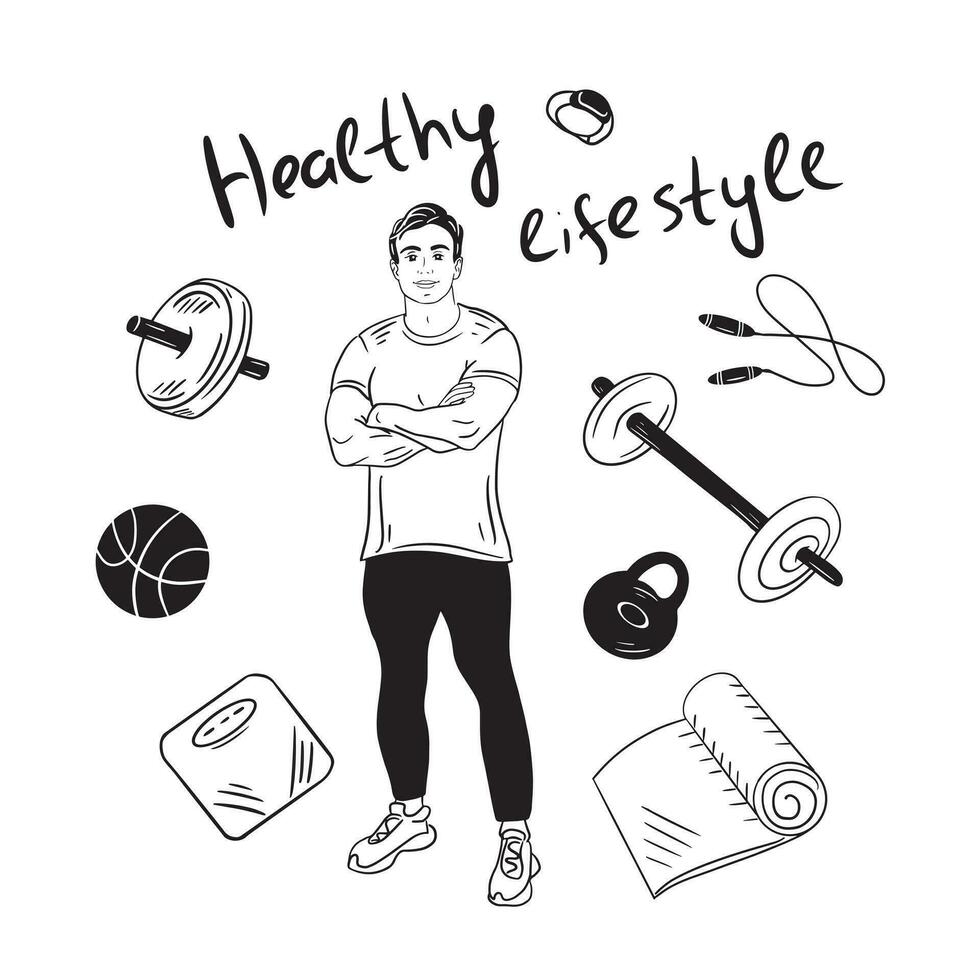 Jeune Masculin athlète est dans le Gym entouré par des sports éléments.vecteur illustration. vecteur