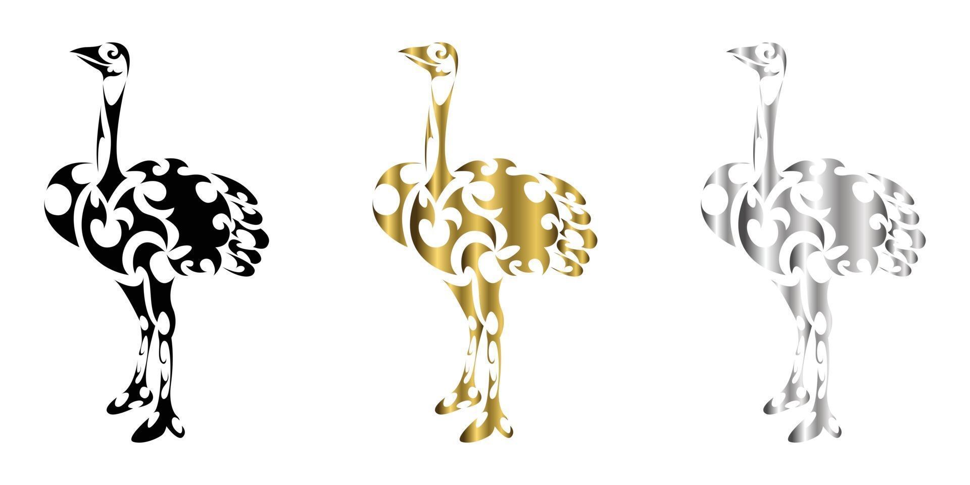 Le vecteur d'art de ligne d'argent d'or noir de trois couleurs d'autruche se tient approprié pour l'usage comme décoration ou logo