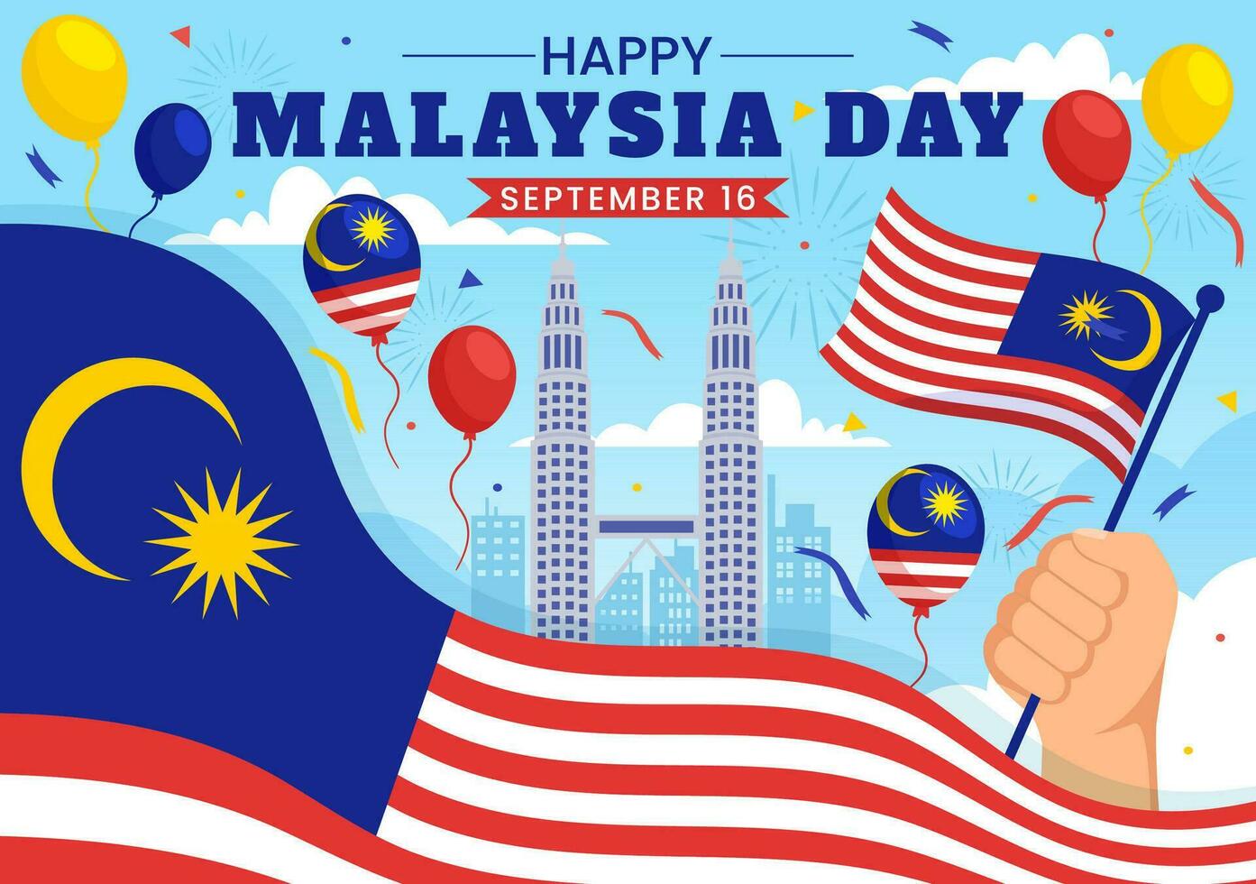 content Malaisie journée fête vecteur illustration sur 16 septembre avec agitant drapeau et double tours dans plat dessin animé main tiré modèles