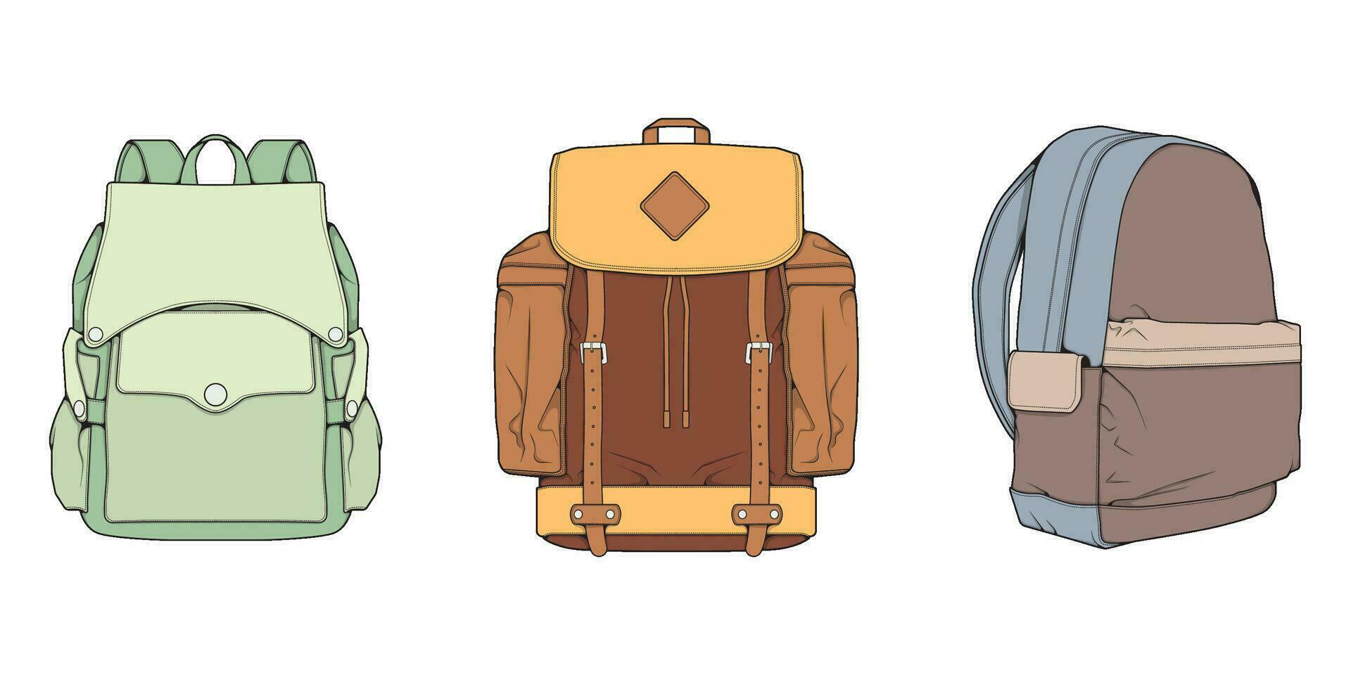 main tiré coloré vecteur ensemble de sacs à dos. dessin animé décontractée sac à dos, cool sac à dos coloré. sacs à dos vecteur illustration.