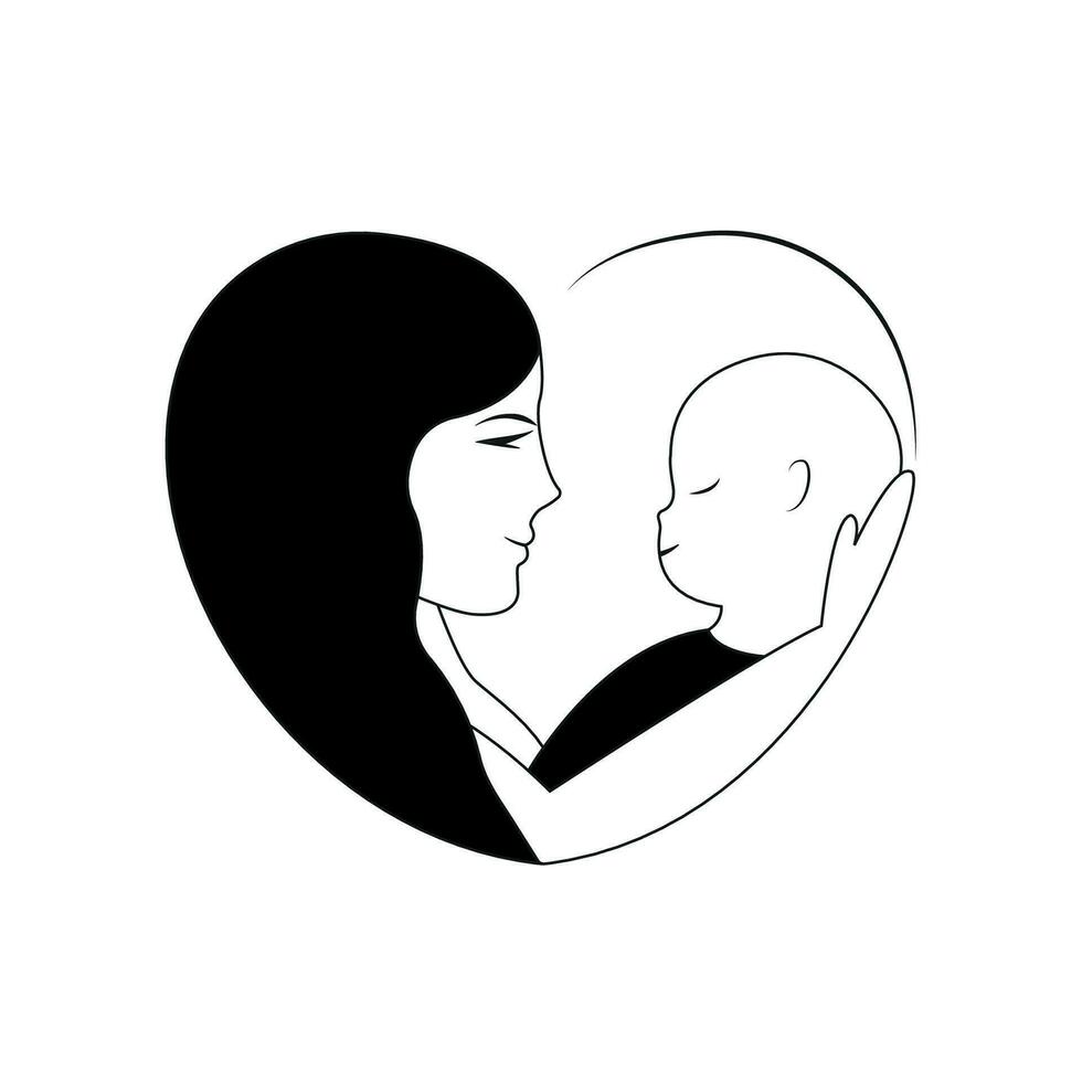 maman détient bébé dans sa bras à l'intérieur en forme de coeur silhouette. noir et blanc image pour logo. de la mère journée. vecteur illustration