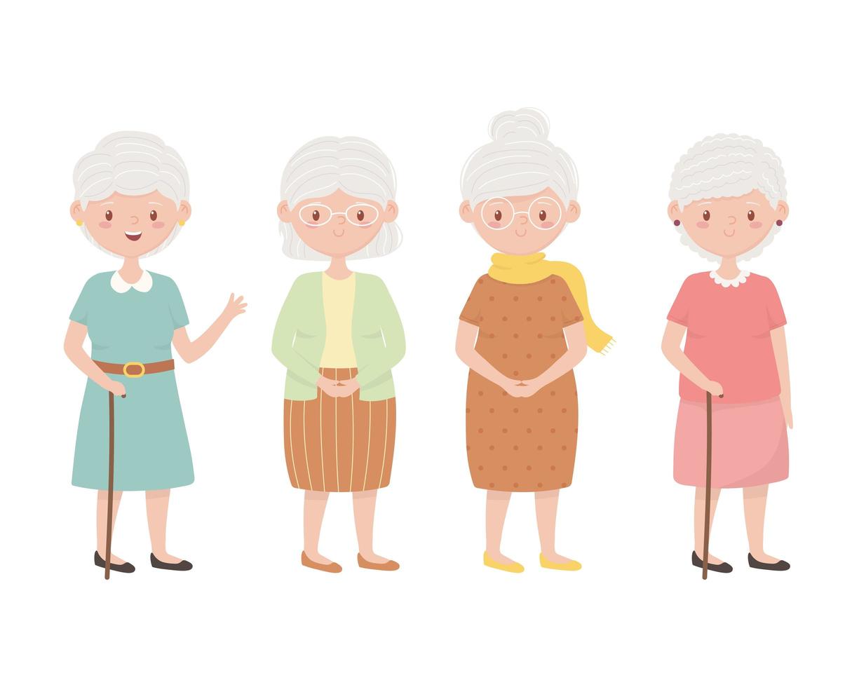 personnes âgées, grand-mères de groupe, personnes âgées ensemble personnages de dessins animés vecteur