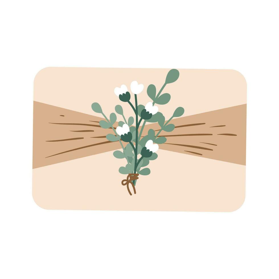 Noël cadeaux dans kraft papier ensemble. DIY rustique présent des boites dans artisanat emballages avec ficelle arcs et branches, Noël couronnes de fleurs, et enveloppes. marron cadeau boîte illustration. vecteur