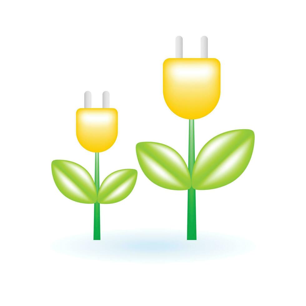 3d fleur avec prise de courant électrique plante icône. éco durabilité environnement concept. brillant verre Plastique couleur. mignonne réaliste dessin animé minimal style. 3d rendre vecteur icône ux ui isolé illustration.