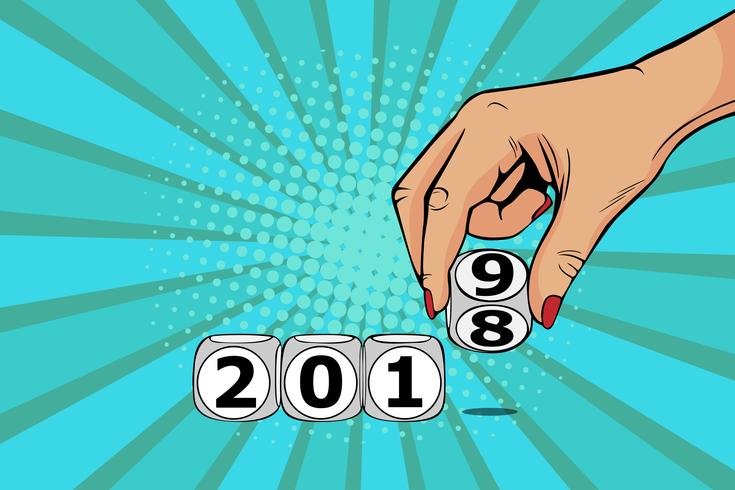 Cube d'interrupteur main femme de 2018 à 2019. Illustration vectorielle dans un style bande dessinée rétro pop art. vecteur