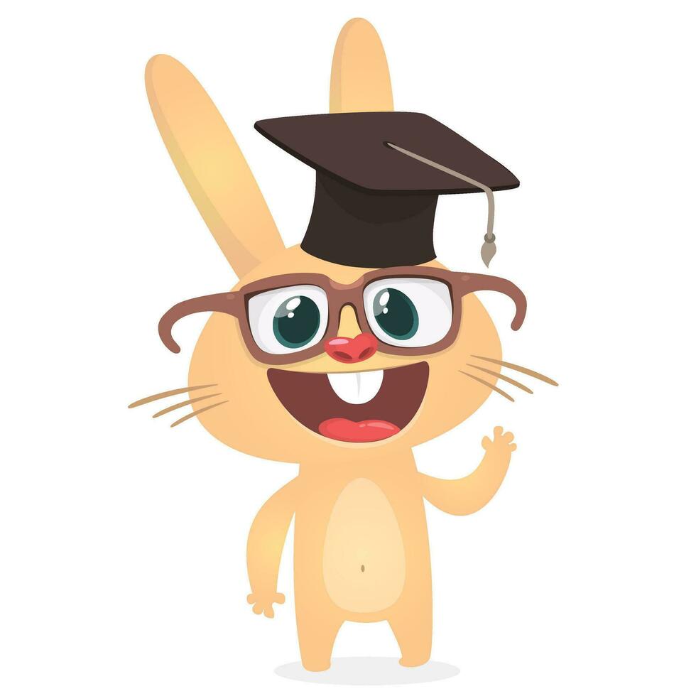 mignonne dessin animé lapin portant l'obtention du diplôme bachelier chapeau et lunettes. vecteur illustration de une souriant lapin