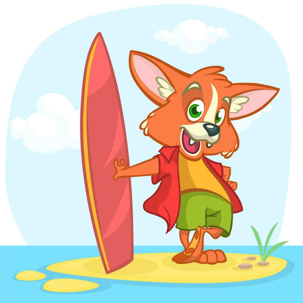 dessin animé Renard surfeur avec planche de surf. vecteur illustration