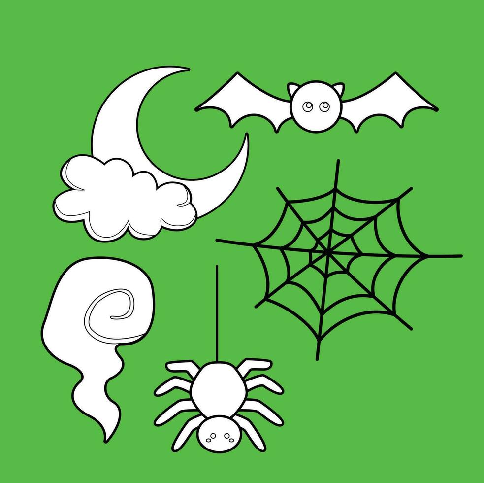 mignonne objet Halloween fête décoration et animaux dessin animé numérique timbre contour noir et blanc vecteur