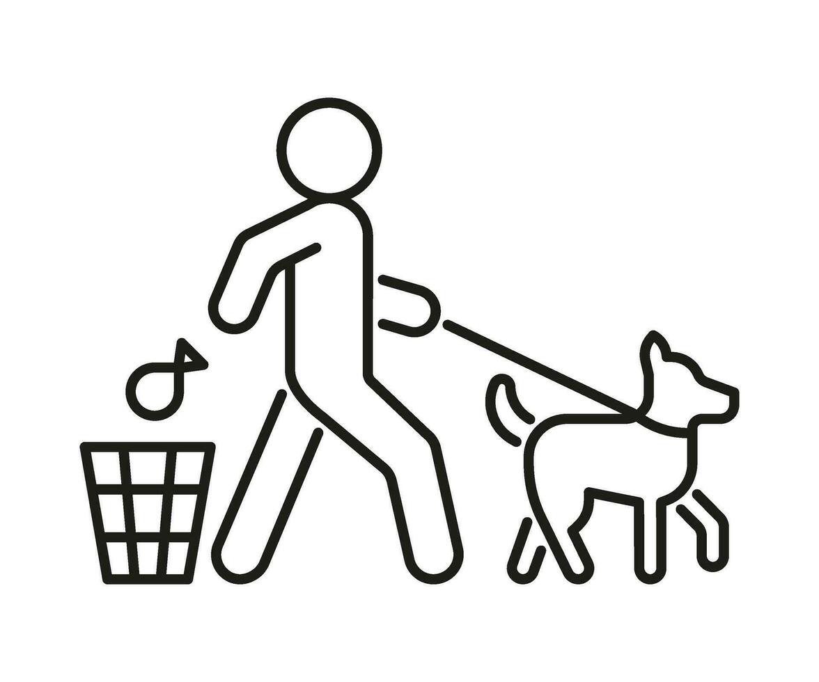 nettoyer déchets dans poubelle après chien, ligne icône. animal de compagnie propriétaire jette sac avec caca dans poubelle poubelle, signe. vecteur illustration