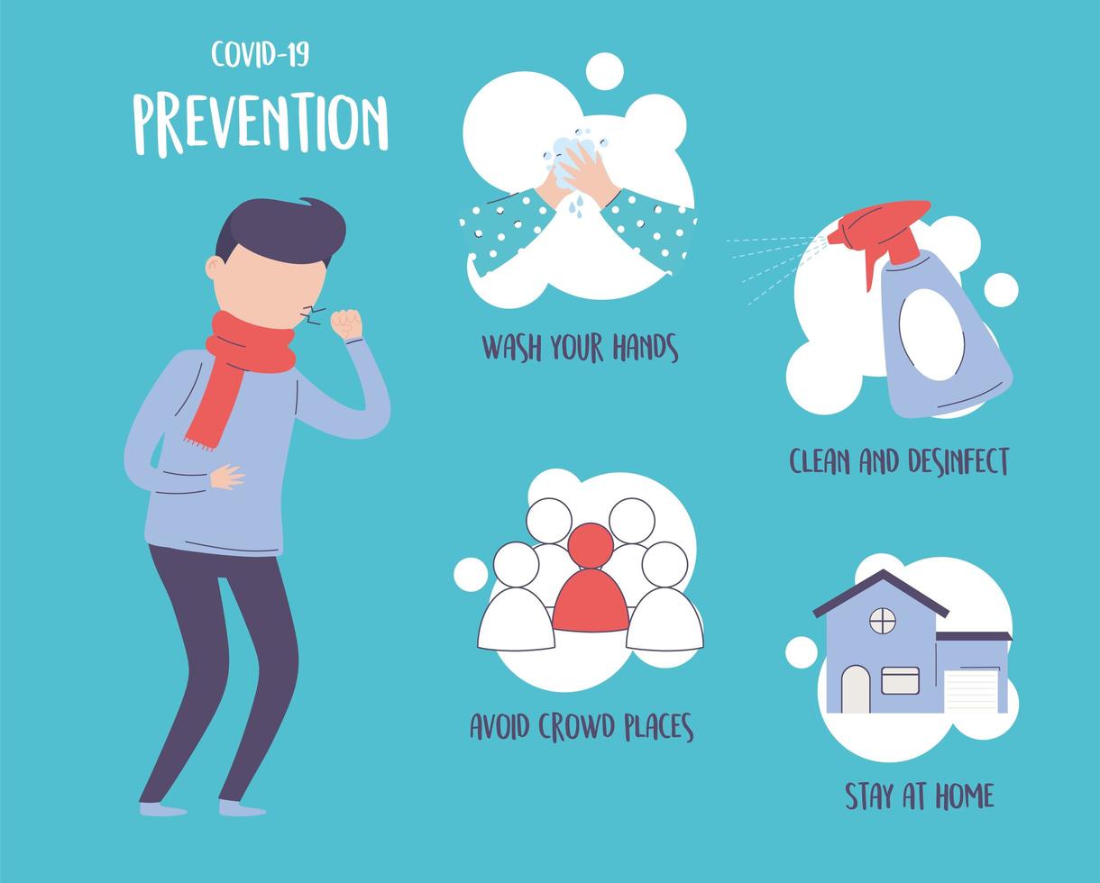 covid 19 pandémie infographie, prévention, homme avec toux, recommandations vecteur