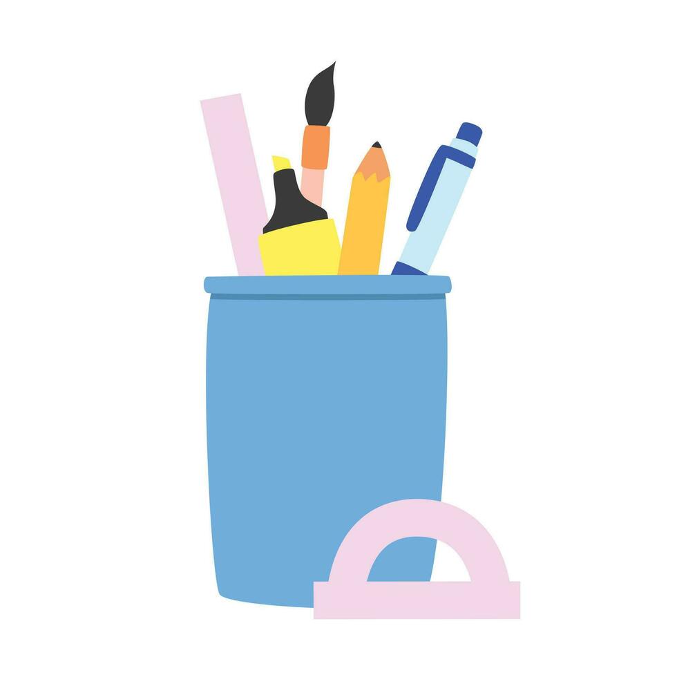 crayon pot clipart. Facile bleu crayon pot ou crayon titulaire avec différent école Provisions plat vecteur illustration clipart dessin animé style, main dessiné. étudiants, Salle de classe, retour à école concept