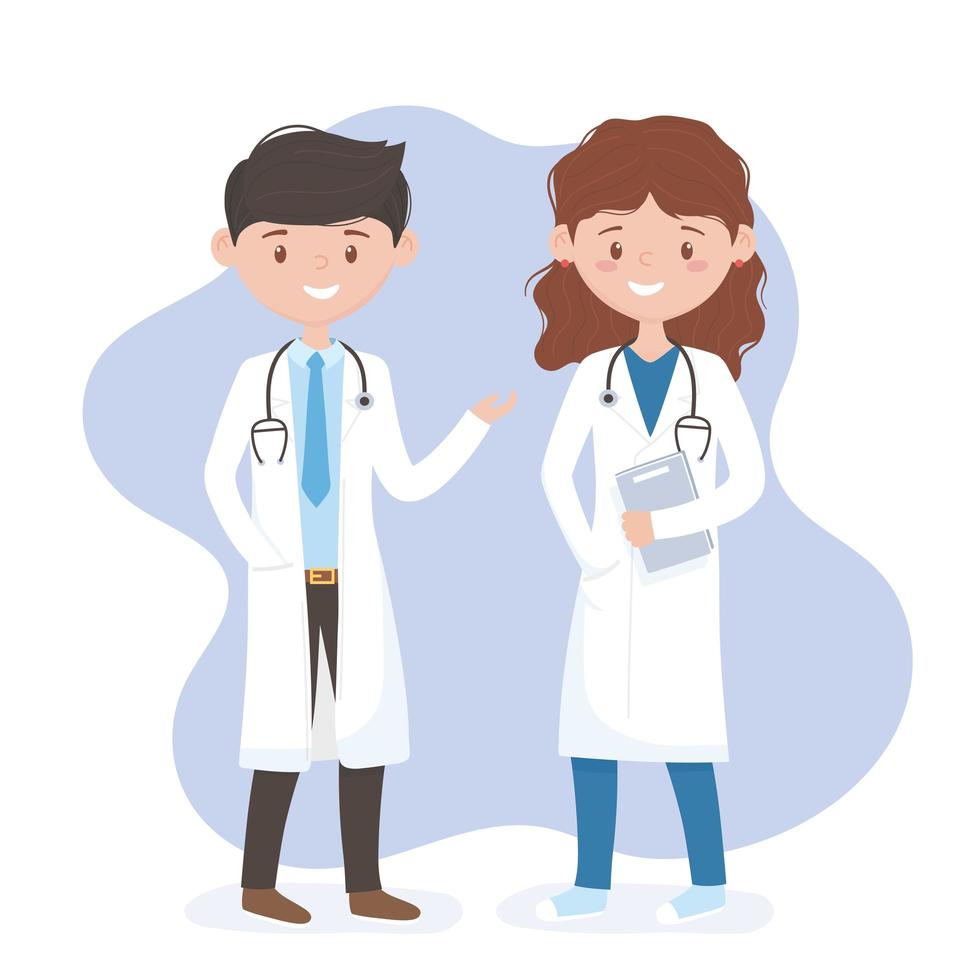 médecin féminin et masculin avec personnage de dessin animé professionnel du personnel médical uniforme et stéthoscope vecteur