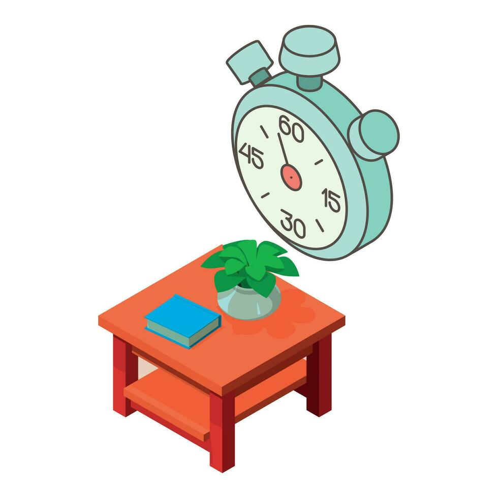 intérieur élément icône isométrique vecteur. chronomètre l'horloge et en bois café table vecteur