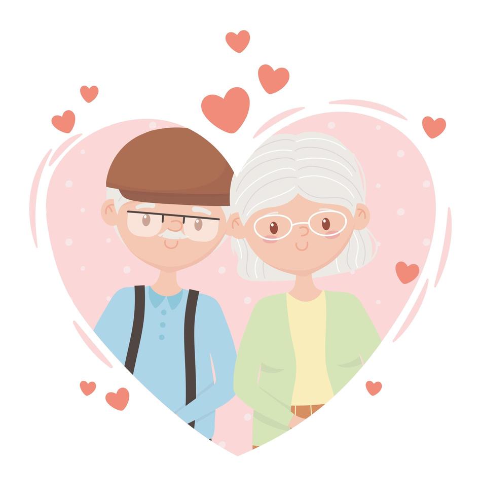 personnes âgées, couple mignon grand-mère et grand-père amoureux des personnages de dessins animés de coeur vecteur