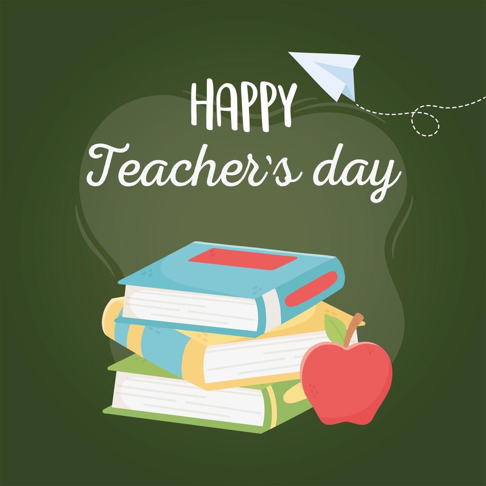 bonne journée des enseignants, manuels scolaires et fond vert d'avion en papier pomme vecteur