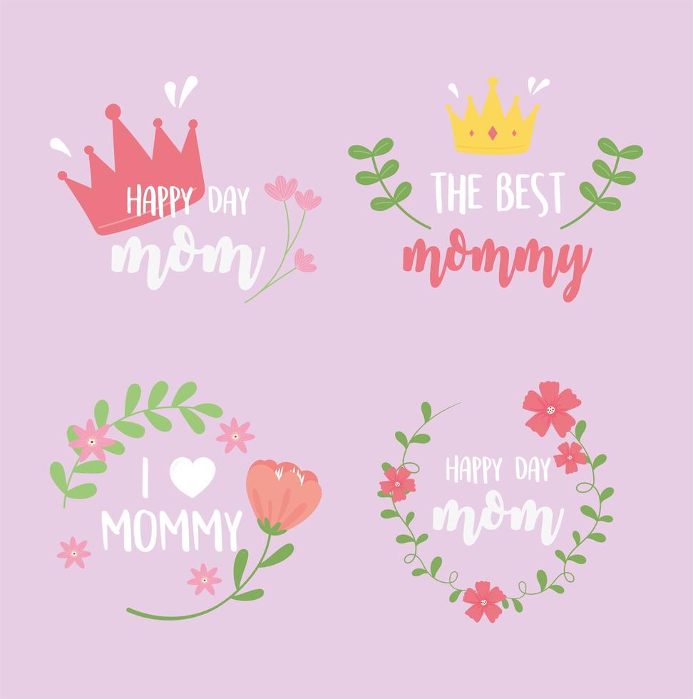 bonne fête des mères, inscriptions carte fleurs couronne coeur décoration design vecteur