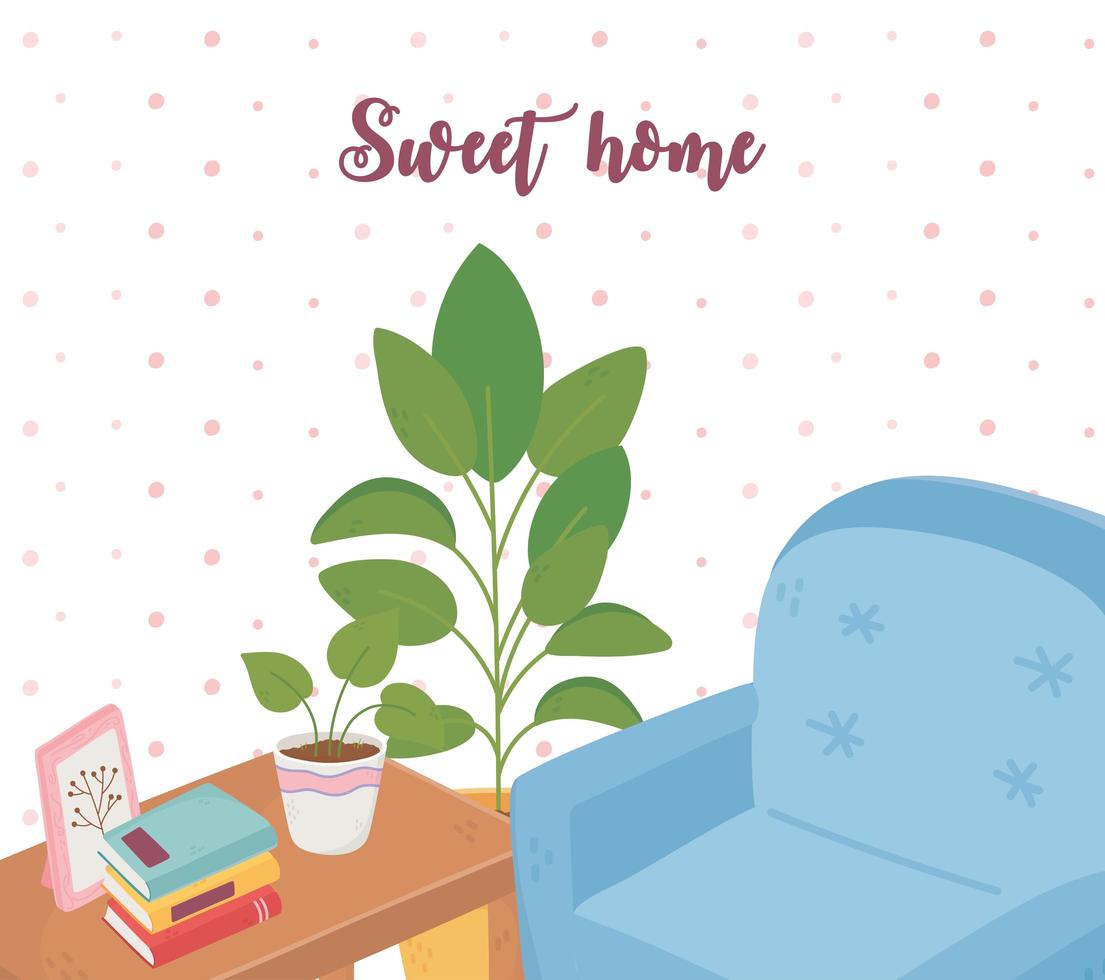 Sweet home canapé livres plantes en pot table meubles vecteur