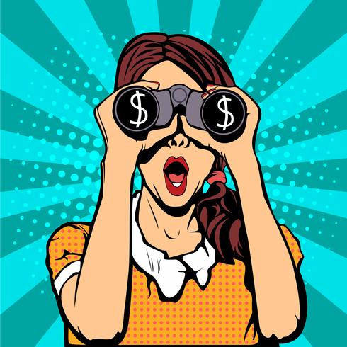 Surveillance financière de jumelles de dollar dollar homme d'affaires pop style rétro Sexy femme surprise avec la bouche ouverte. Fond de vecteur coloré dans un style bande dessinée rétro pop art.
