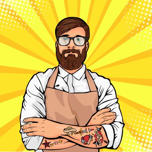 Homme barbu dans des verres avec tatouage sur bras illustration vectorielle dans un style comique pop art. Hipster artisan ou ouvrier en tablier vecteur