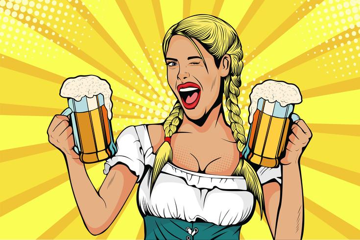 Allemagne fille serveuse porte des verres à bière. Fête de la fête de la bière. Illustration vectorielle dans un style bande dessinée rétro pop art vecteur