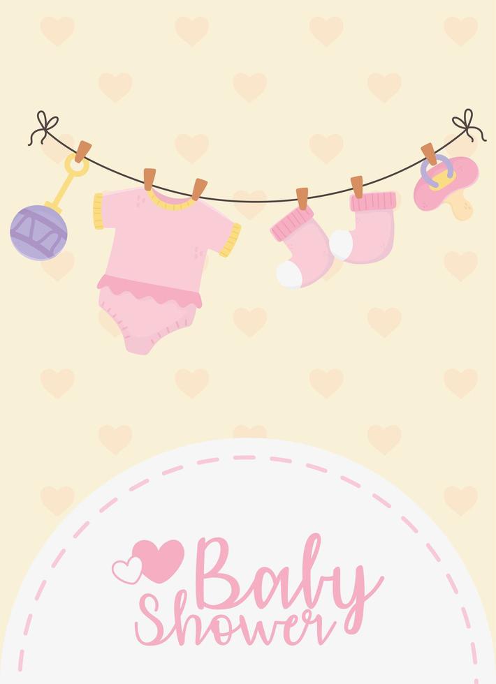 baby shower, rose body suspendu chaussettes sucette ratlte carte de célébration vecteur