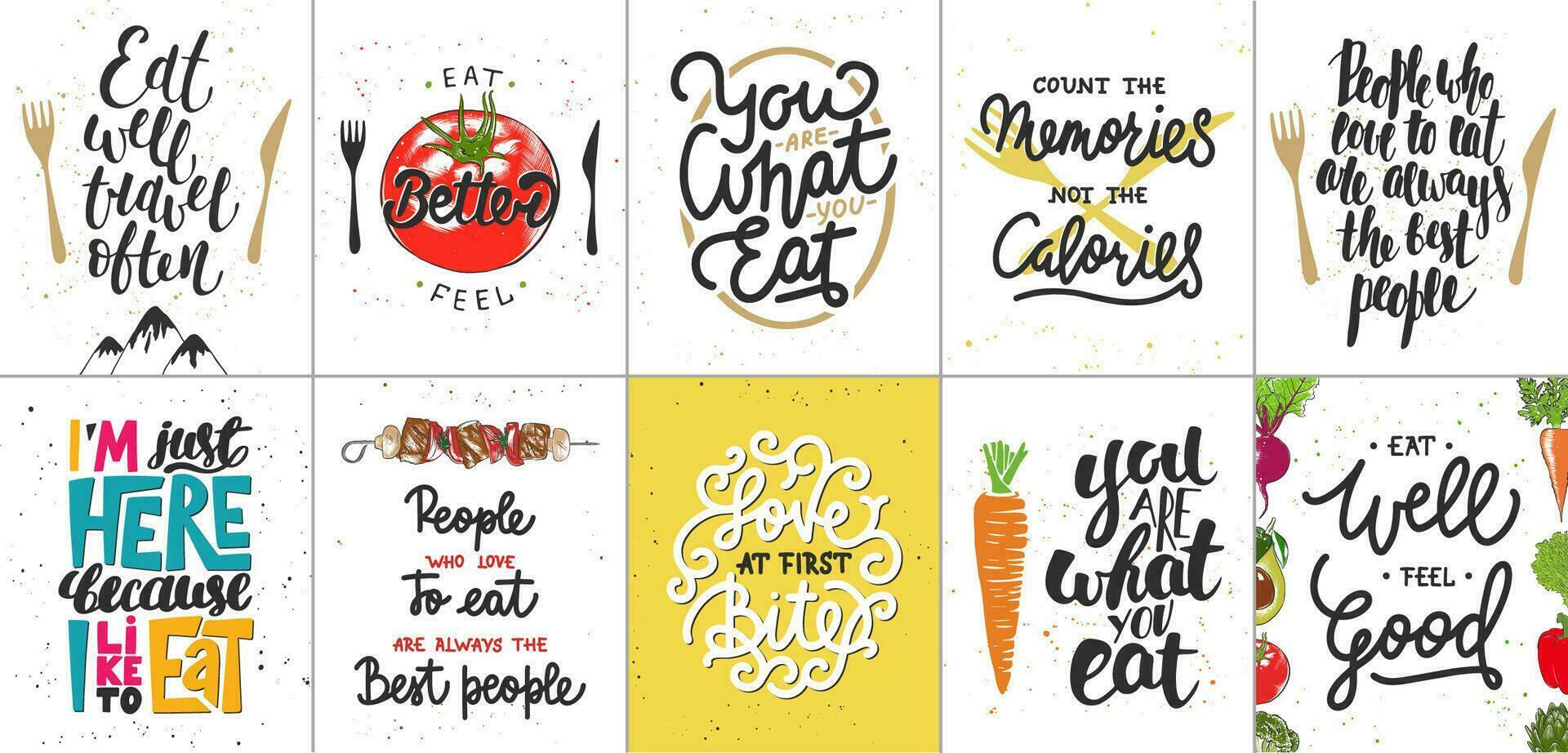 ensemble de dix de motivation et inspirant nourriture et en mangeant caractères affiches, décoration, impressions, T-shirt conception. vecteur