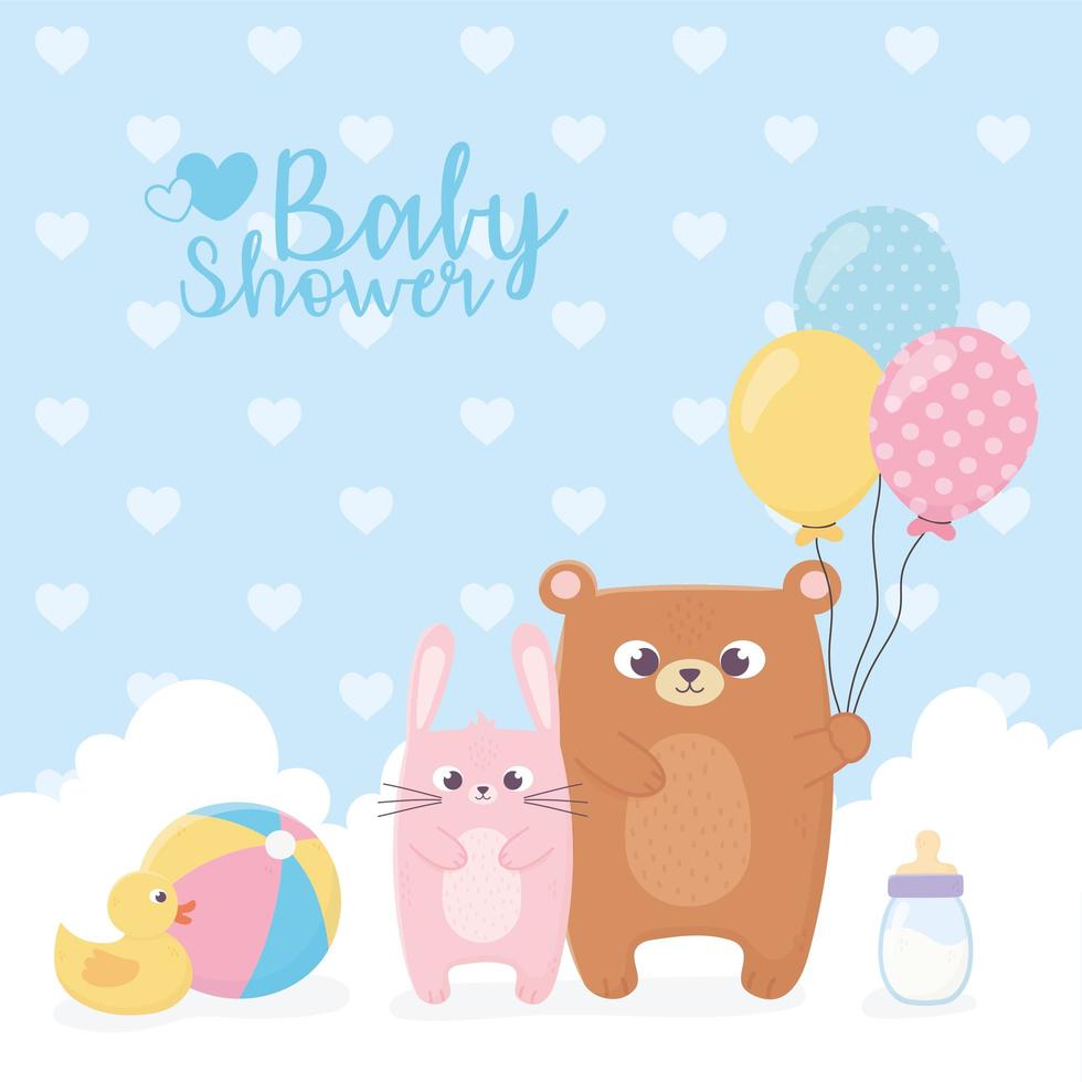 baby shower, ours et lapin avec ballons ball canard bouteille carte vecteur