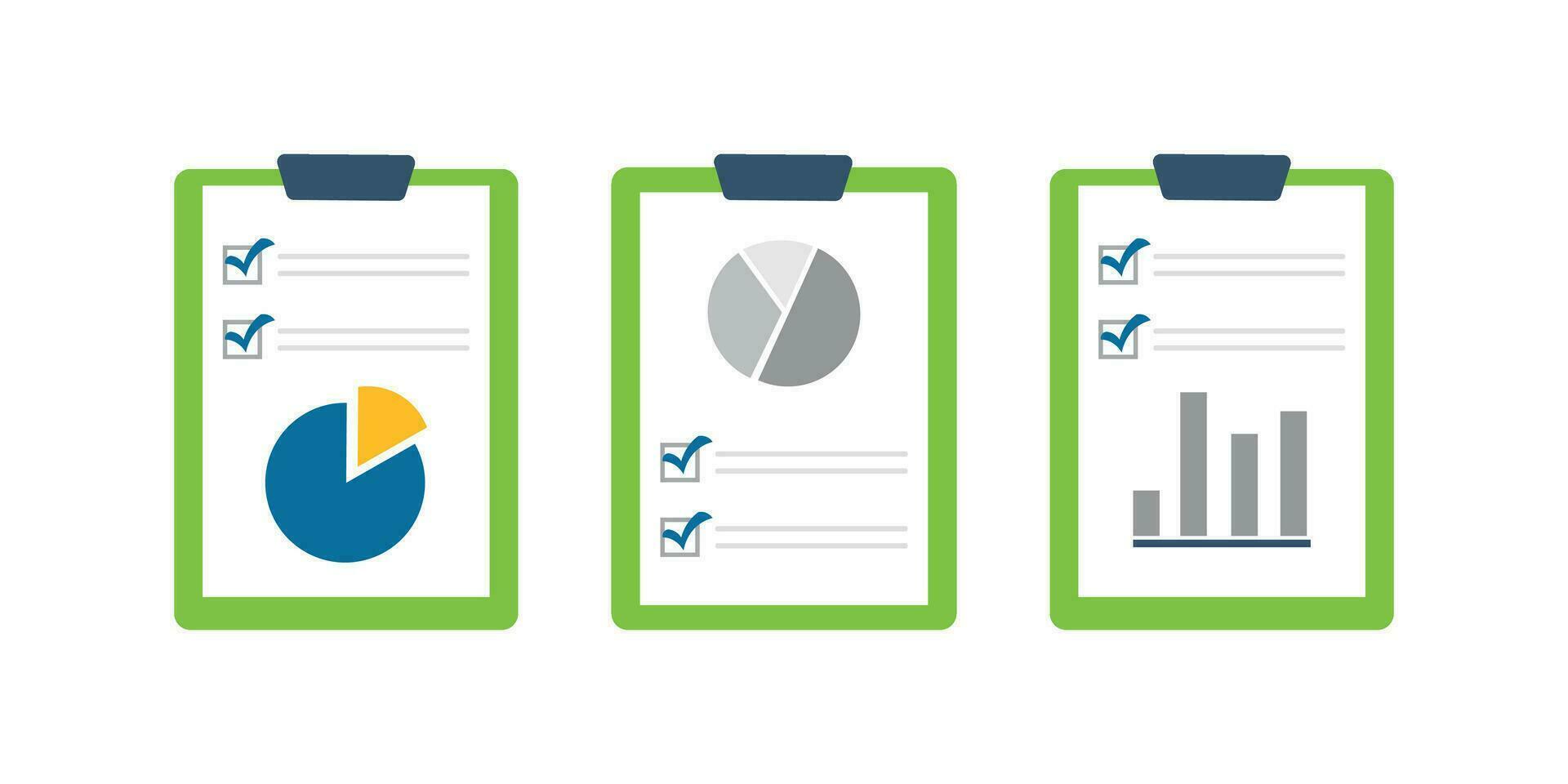 ensemble de document Icônes avec une tarte graphique, graphique marqué avec une bleu coche vecteur