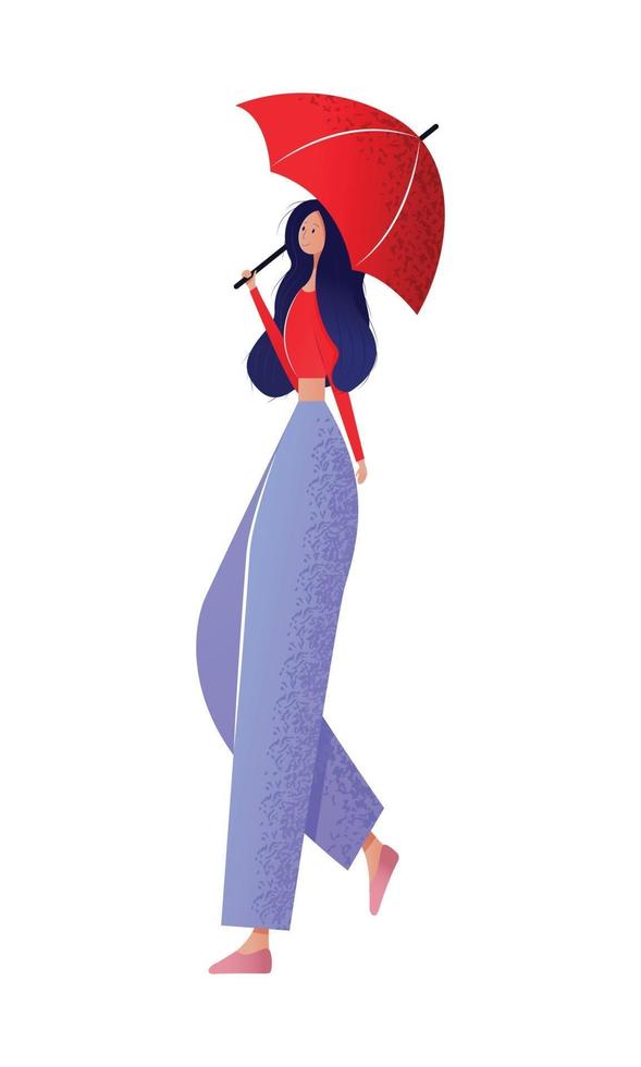 Souriante jeune femme marchant avec parapluie isolé sur fond blanc illustration vectorielle coloré vecteur