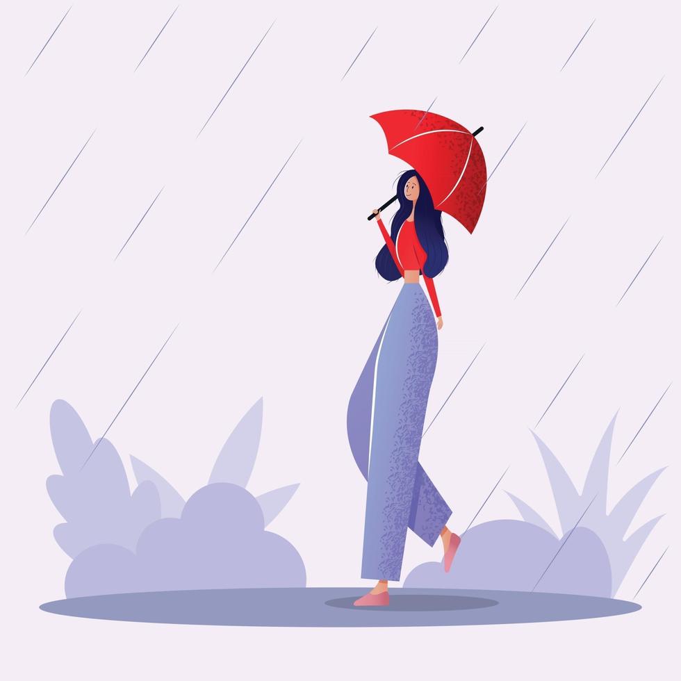 jeune femme souriante marchant avec un parapluie sous la pluie concept de bonne humeur dans toutes les situations illustration vectorielle colorée vecteur