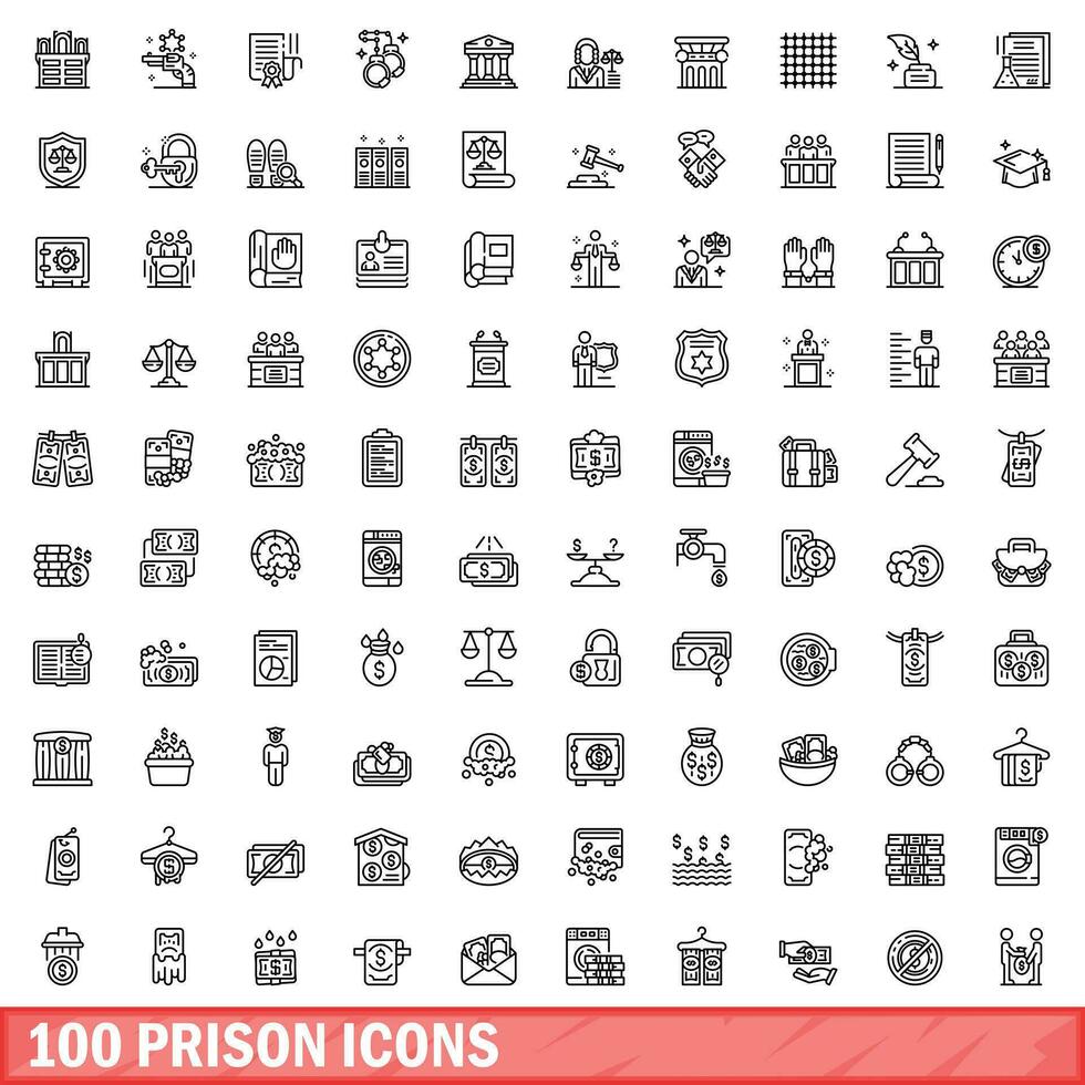 100 prison Icônes ensemble, contour style vecteur