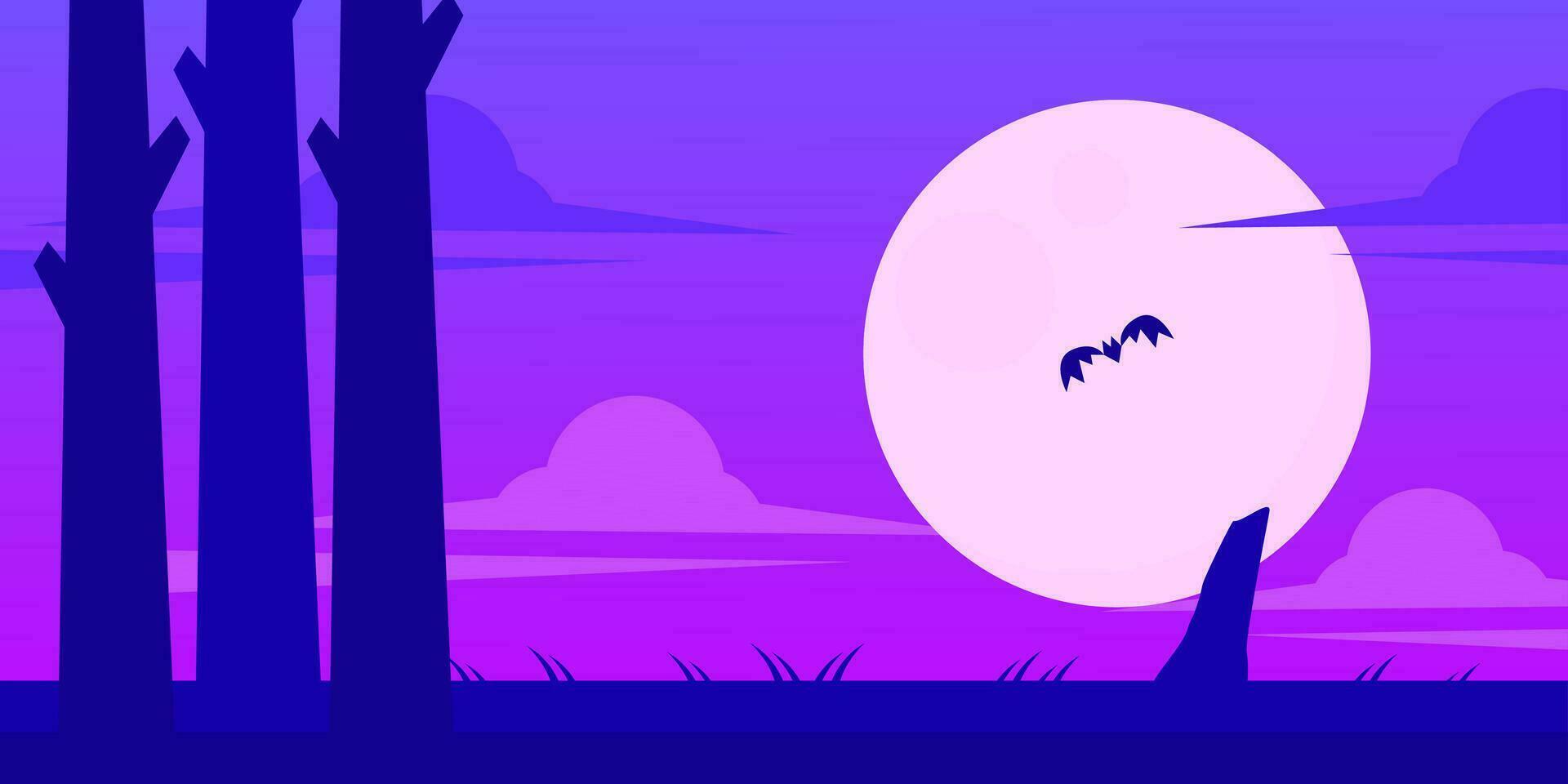 paysage nuit scène avec arbre silhouette et lune vecteur illustration