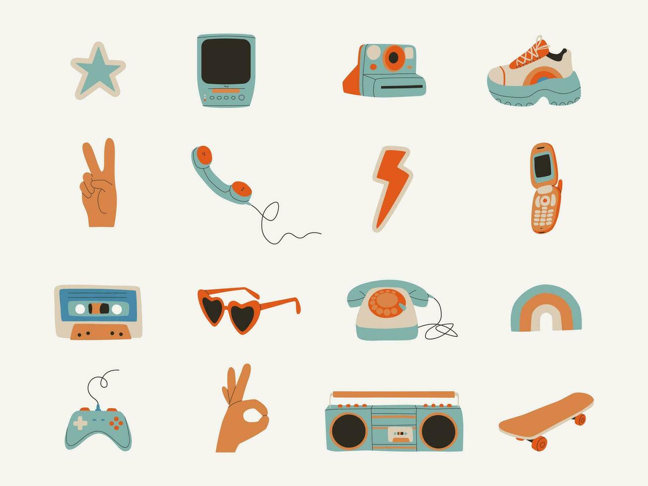 ensemble de rétro éléments de le Années 80 et années 90. l'audio cassette, ruban enregistreur, mobile téléphone, planche à roulette, manette, combiné téléphone. vecteur plat tendance illustration.