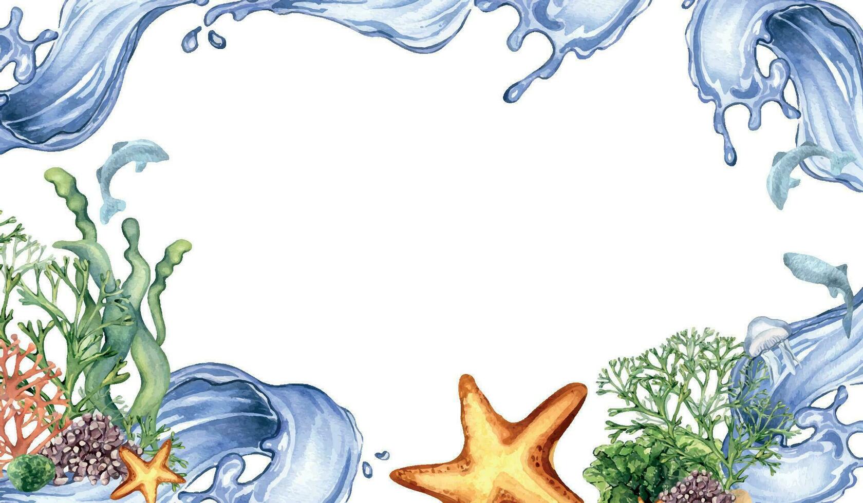 planche de mer végétaux, corail, étoile de mer aquarelle illustration isolé sur blanc Contexte. rose algue, l'eau vague, laminaires main dessiné. conception élément pour emballer, étiqueter, Marin collection vecteur