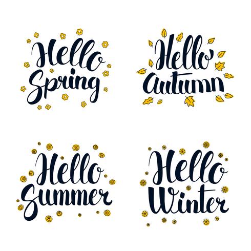 Bonjour printemps, été, automne et hiver. Conception de bannière de saison de calligraphie vecteur