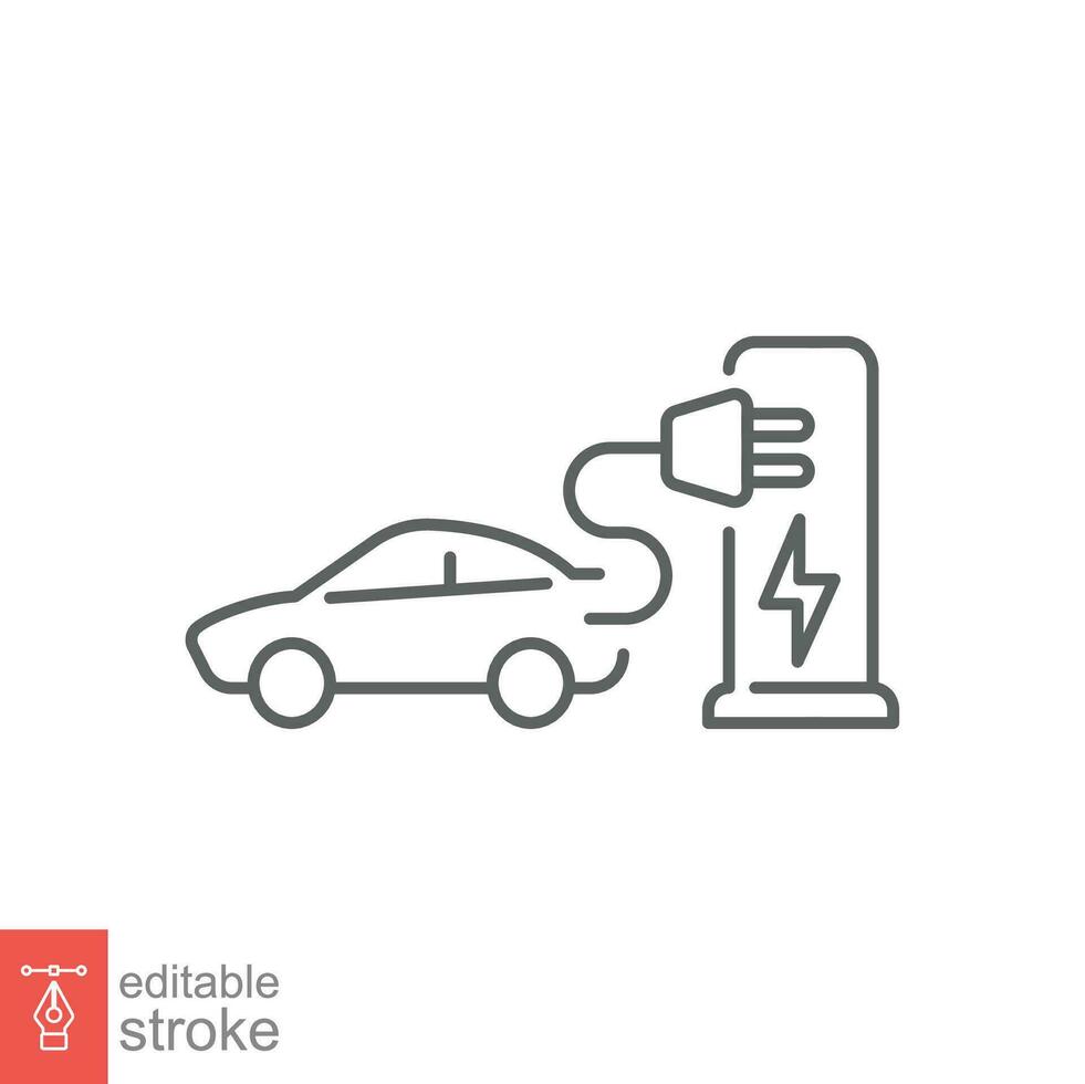 électrique voiture pompe ligne icône. contour style. charge, vert énergie, hybride, brancher, chargeur, batterie, foudre marquer, auto concept. vecteur illustration isolé sur blanc Contexte modifiable accident vasculaire cérébral eps dix