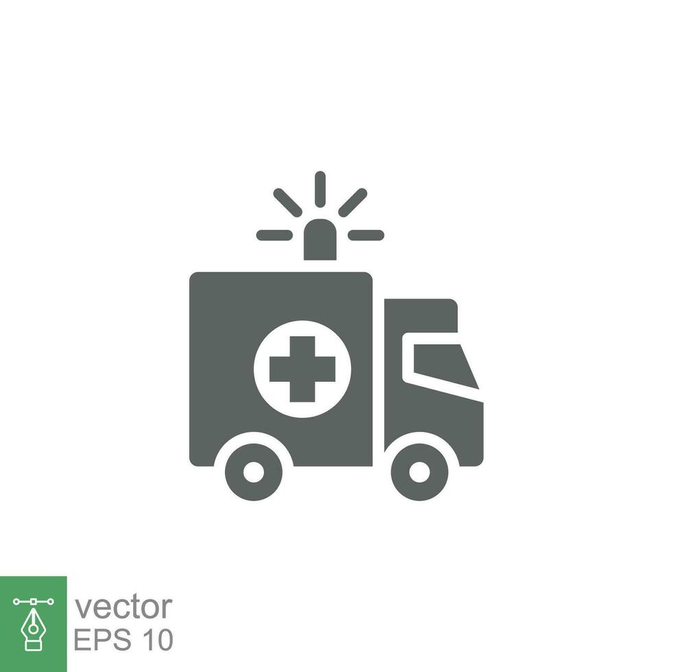 ambulance icône, glyphe urgence voiture, médicament van, se soucier médical soutien, solide style la toile symbole sur blanc Contexte. vecteur illustration eps dix.