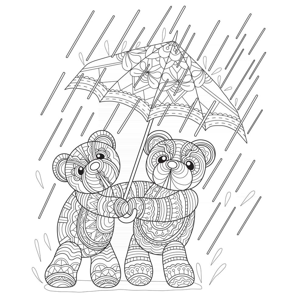 ours en peluche sous la pluie dessinés à la main pour un livre de coloriage pour adultes vecteur