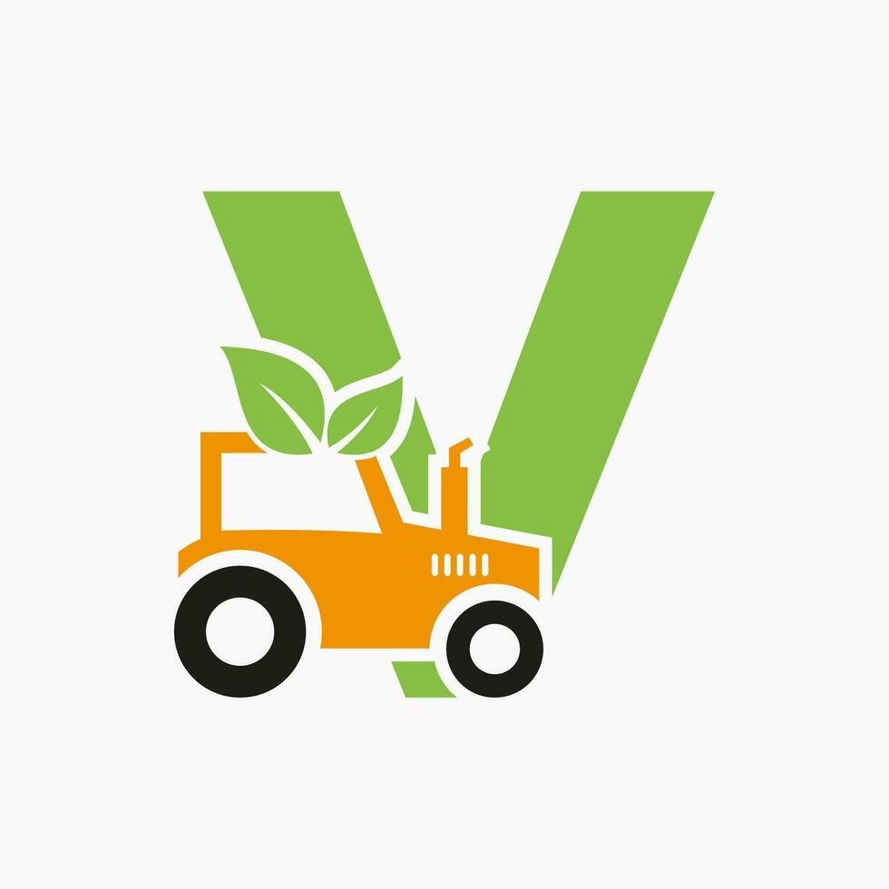 lettre v agriculture logo concept avec tracteur icône vecteur modèle. éco ferme symbole