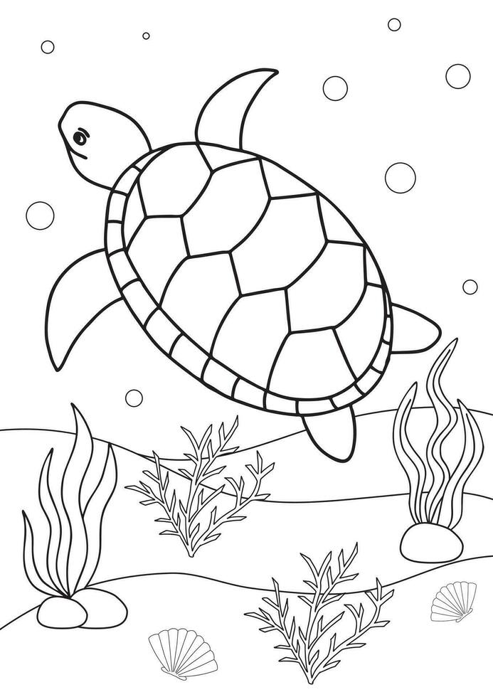 mignonne dessin animé tortue. coloration livre ou page pour enfants. Marin la vie vecteur