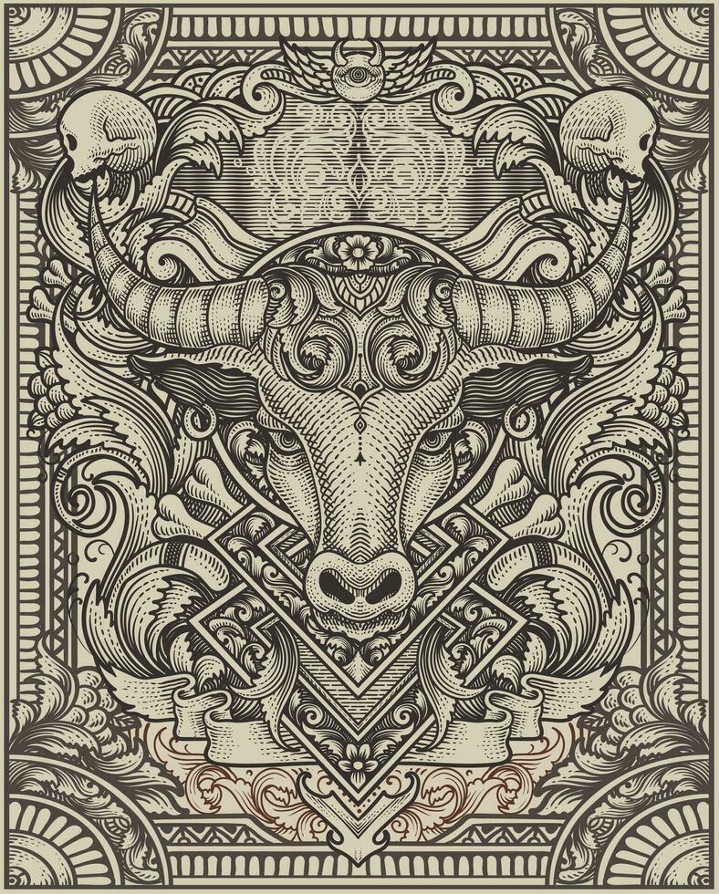 illustration de taureau tête tribal style avec ancien gravure ornement dans retour parfait pour votre affaires et marchandise vecteur