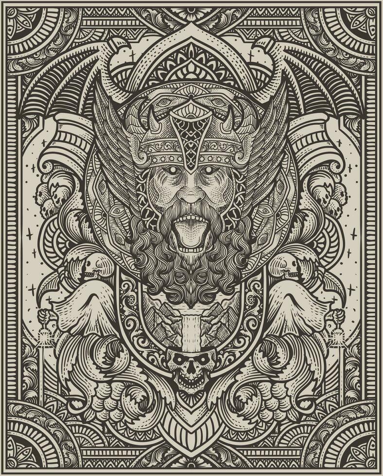 illustration de en colère viking tête avec ancien gravure ornement dans retour parfait pour votre affaires et marchandise vecteur