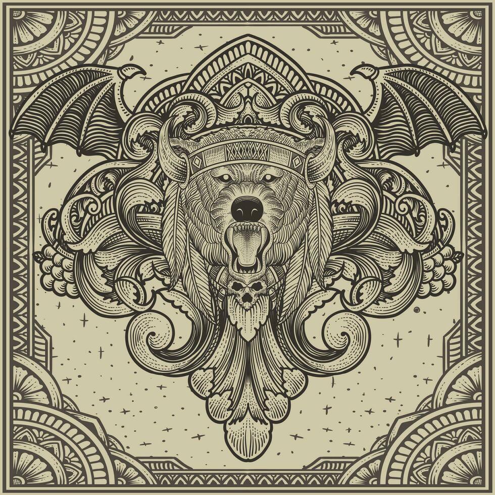 illustration de tribal ours tête avec ancien gravure ornement dans retour parfait pour votre affaires et marchandisesa vecteur