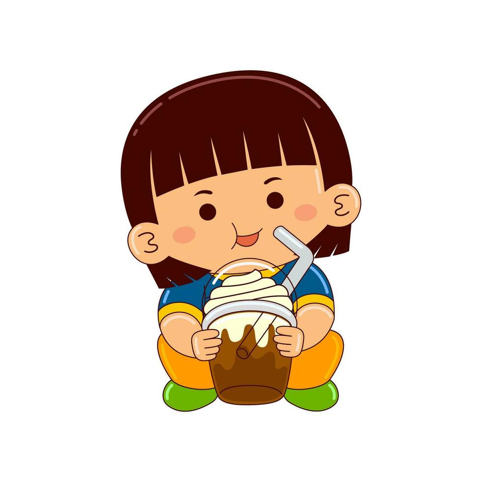 kawaii des gamins en buvant la glace crème vecteur illustration