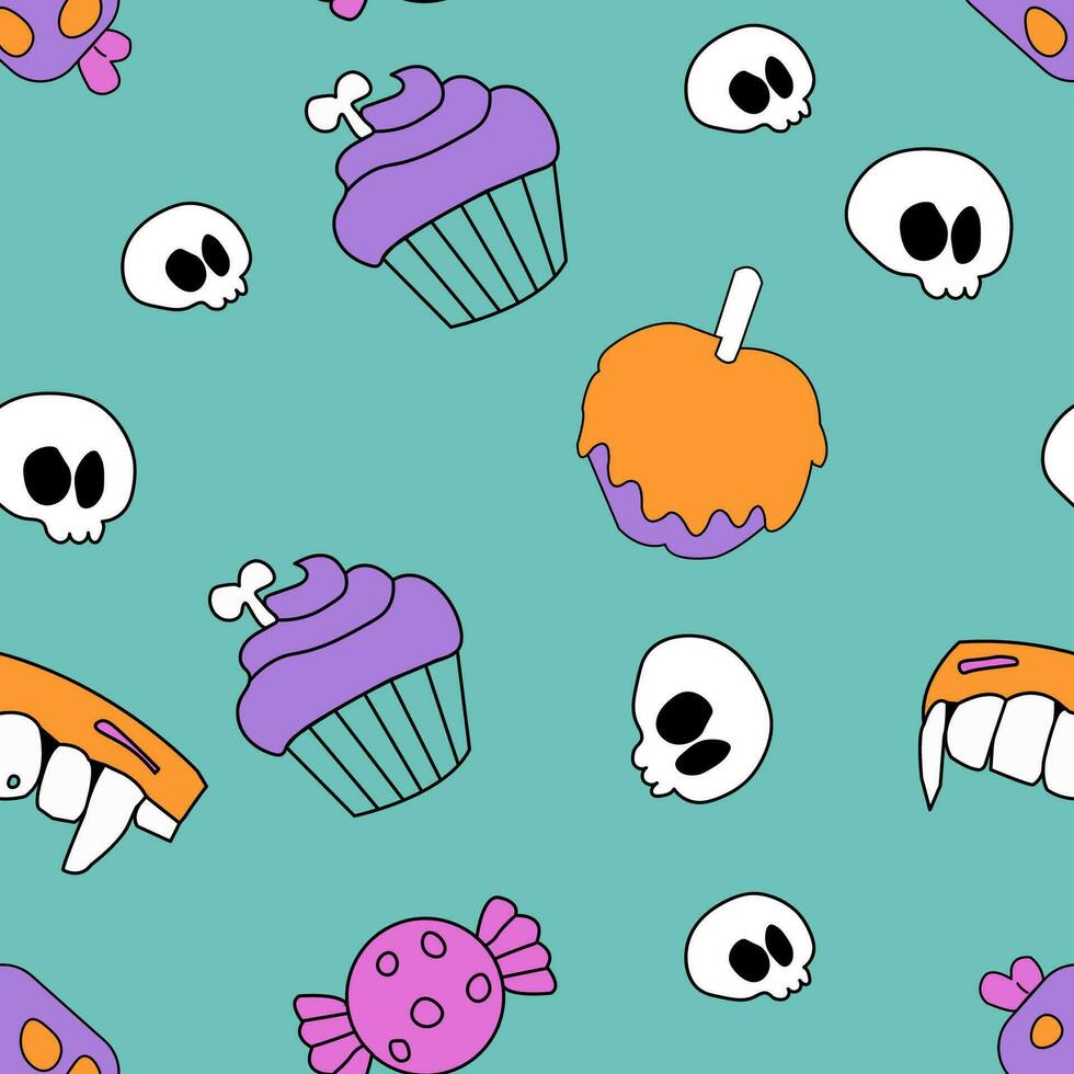 mignonne Halloween bonbons sans couture modèle avec petits gâteaux, bonbons les dents et crânes. vecteur