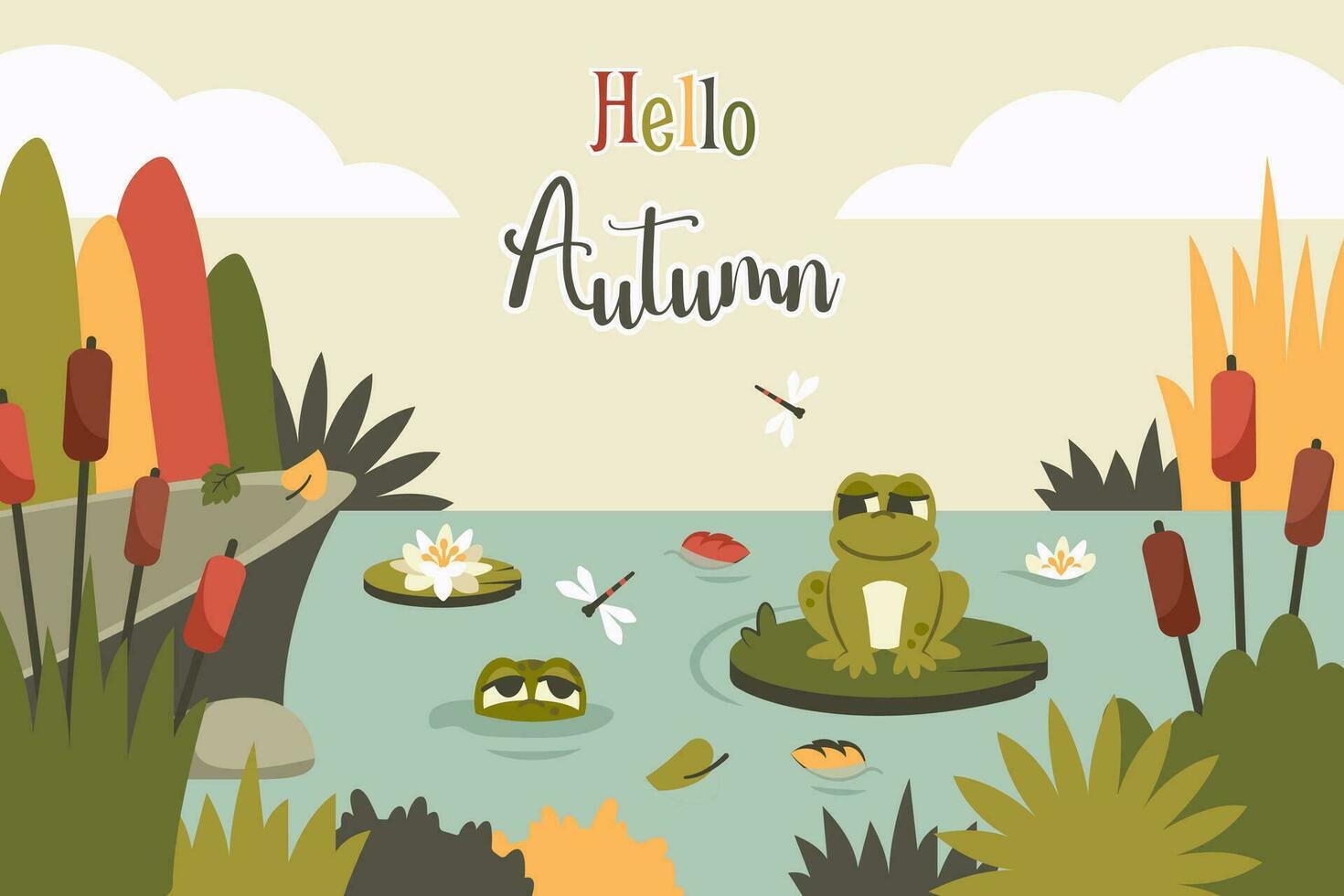 l'automne paysage. la nature Contexte avec grenouilles, feuillage, roseau, rochers, lotus, en volant insectes, faune. mignonne crapauds assis sur feuille dans étang. dessin animé personnage affronter. clipart. vecteur plat illustration