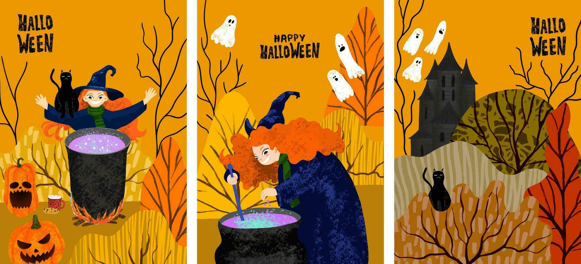 ensemble de content Halloween modèle avec sorcière cuisine le potion dans le chaudron. affiche avec sorcier, citrouille, forêt, foncé château, maison de des fantômes, noir chat, caractères vecteur