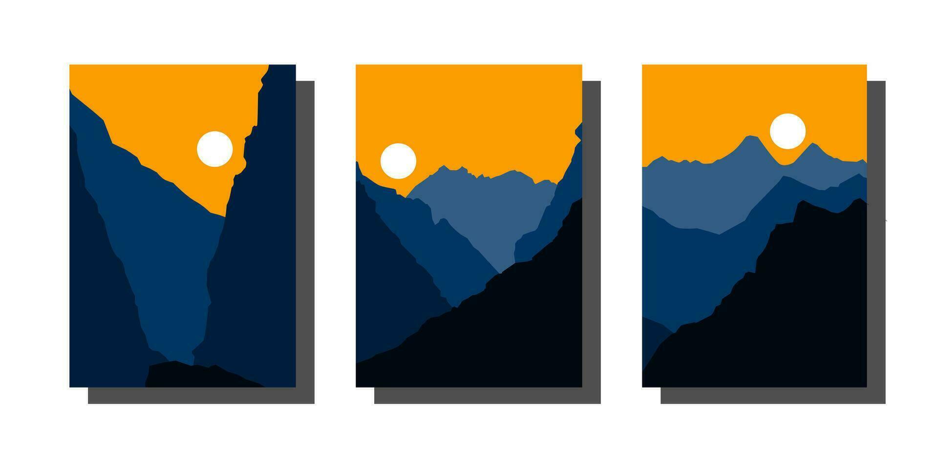 ensemble de abstrait paysage paysage affiche avec montagne, ciel , le coucher du soleil. vecteur illustration